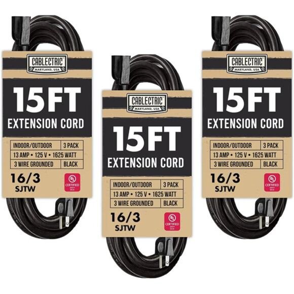 3 Pack Weatherproof Black Extension Cord 15 ft, 16/3 SJTW 15 Foot Outdoor - Picture 1 of 7